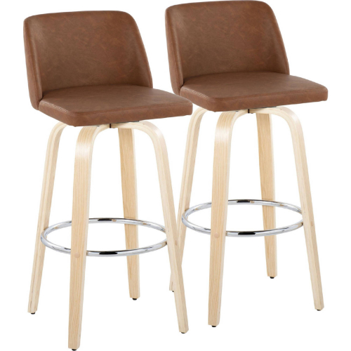 Toriano 30" Swivel Bar Stool in Natural Wood & Camel Leatherette w/ Chrome Footrest (Set of 2)